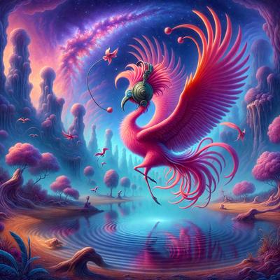 The primary subject of the image is a pink bird with long feathers, which appears to be a peacock. The bird is standing on one leg and is surrounded by a serene environment. The setting includes a body of water, possibly a lake, and a forest with trees. The visual style of the image is digital art, creating a vibrant and lively atmosphere. The dominant colors in the image are pink and blue, with the pink bird being the focal point of the scene.